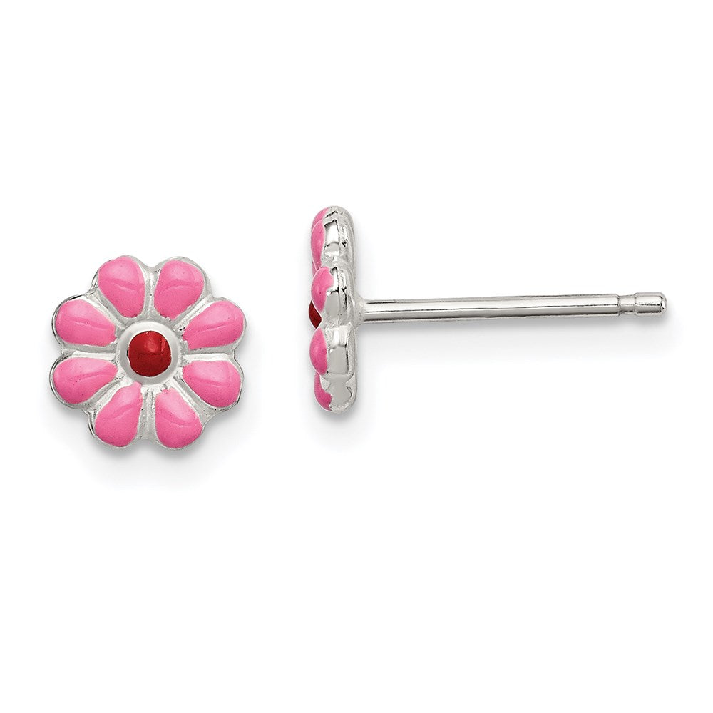 Sterling Silver Madi K Pink/Red Enamel Flower Children's Post Earrings