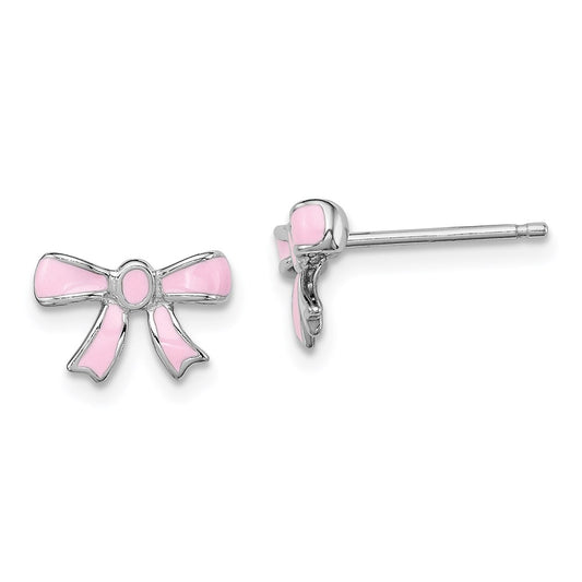 Sterling Silver Madi K RH-plated Pink Enamel Bow Children's Post Earrings