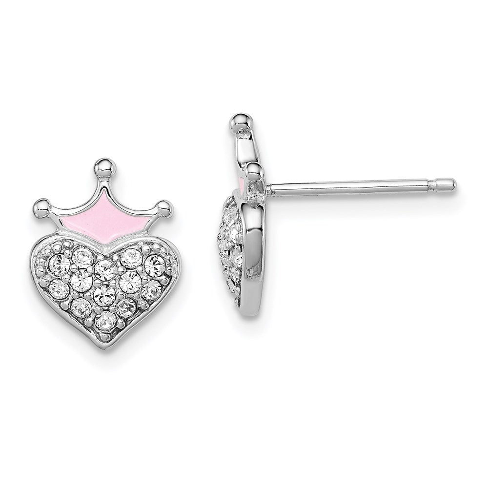 Sterling Silver Madi K RH-plated Enamel & Crystal Crown Heart Earrings