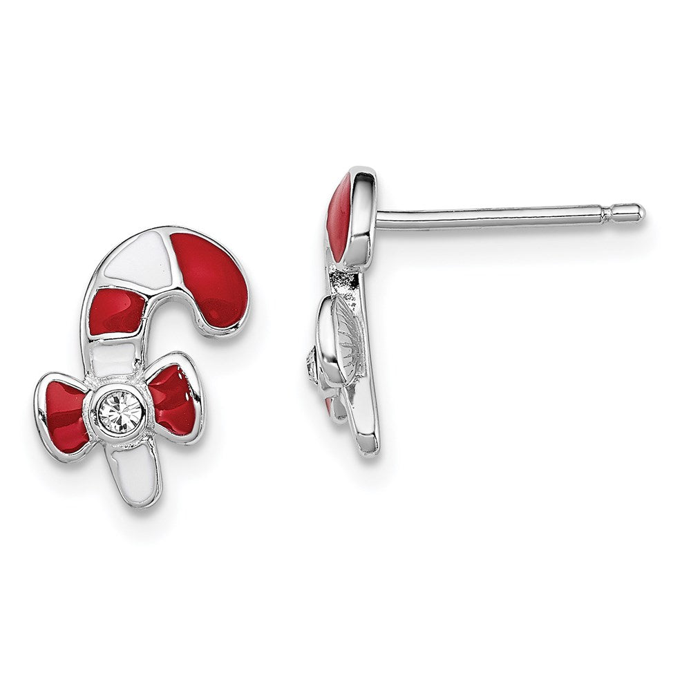 Sterling Silver RH-plated Madi K Enamel & Crystal Candy Cane Earrings