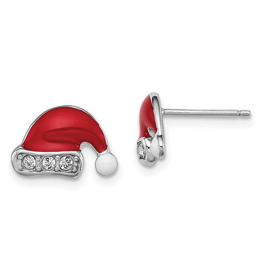 Sterling Silver Madi K RH-pltd Enamel/Crystal Santa Hat Post Earrings