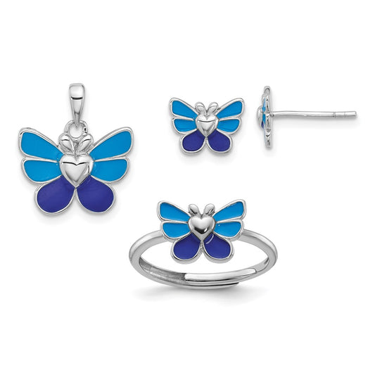 Sterling Silver RH-plated Butterfly Children's Earring, Ring & Pendant Set