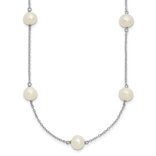 Sterling Silver Rh-plated 7-8mm FW Cultured 9 Station Pearl Necklace