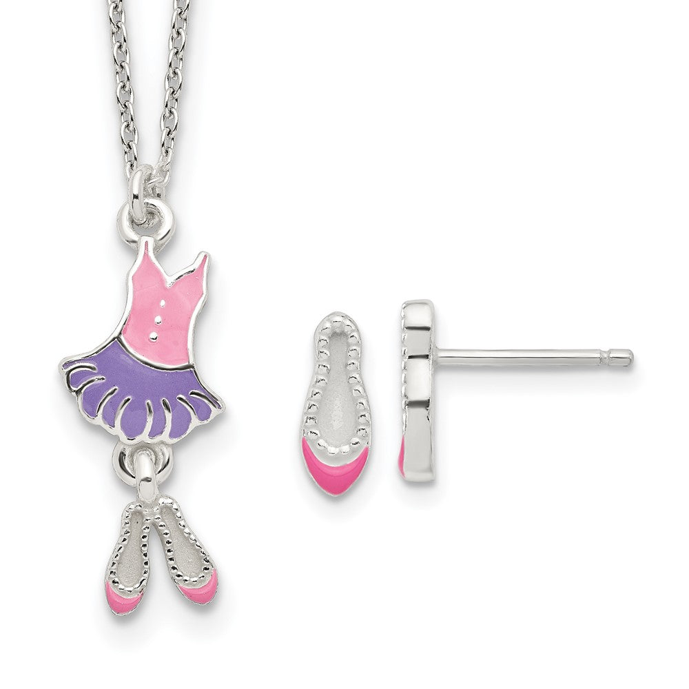 Sterling Silver Polished Enameled Ballerina 14in Necklace & Earring Set