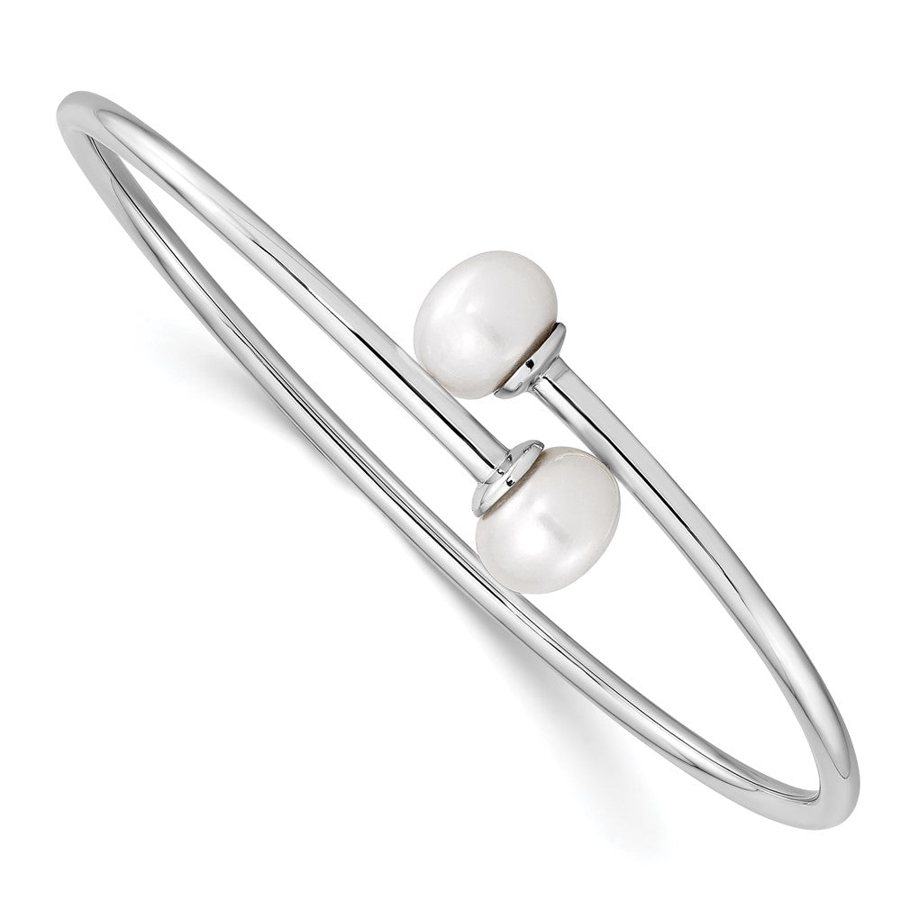 Sterling Silver Rhodium 9-10mm White FWC Pearl Flexible Cuff Bangle