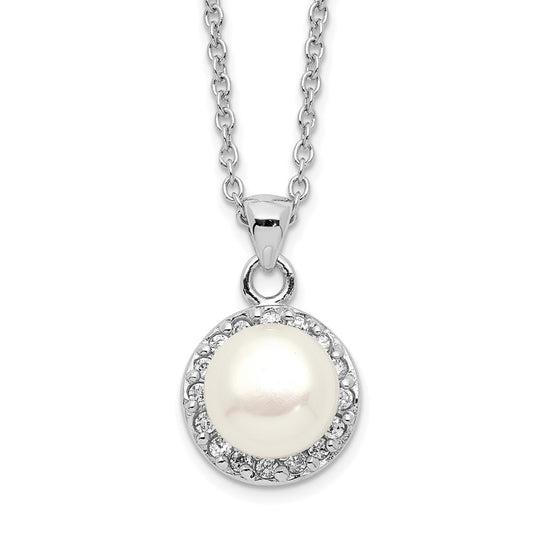 Sterling Silver Rhodium-plated 7-8mm White Button FWC Pearl CZ Necklace