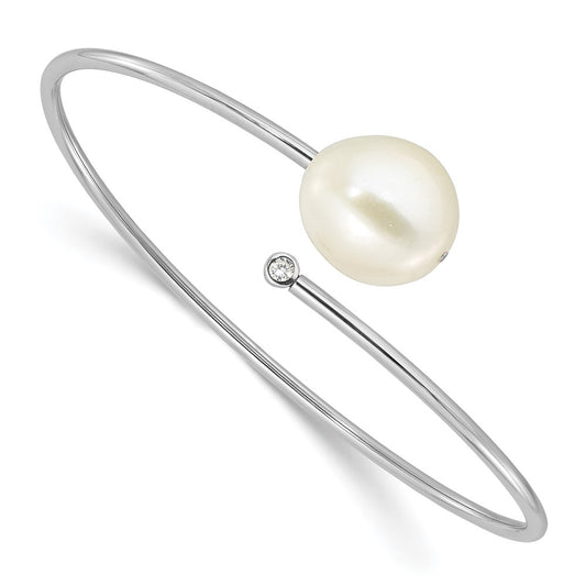 Sterling Silver RH-plated 13-14mm FWC Pearl and CZ Flexible Bangle