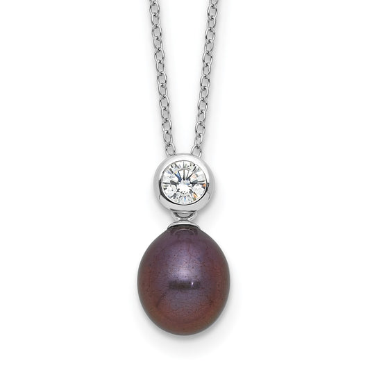 Sterling Silver RH-plated 7-8mm Black Rice FWC Pearl/CZ 17in Necklace