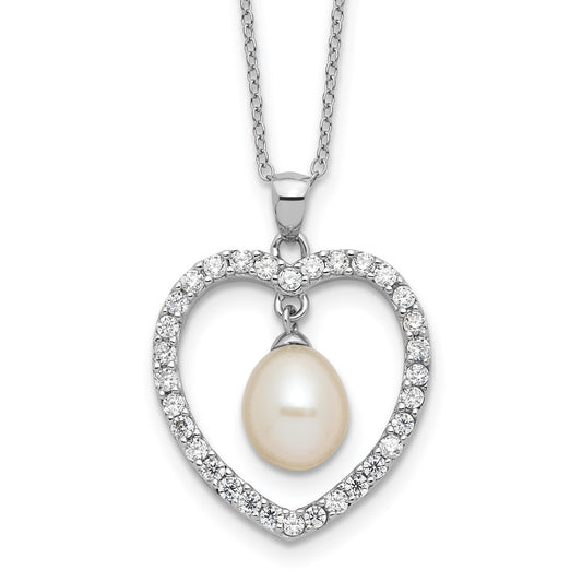 Sterling Silver RH-plated 8-8.5mm FWC Pearl and CZ Heart 17in Necklace