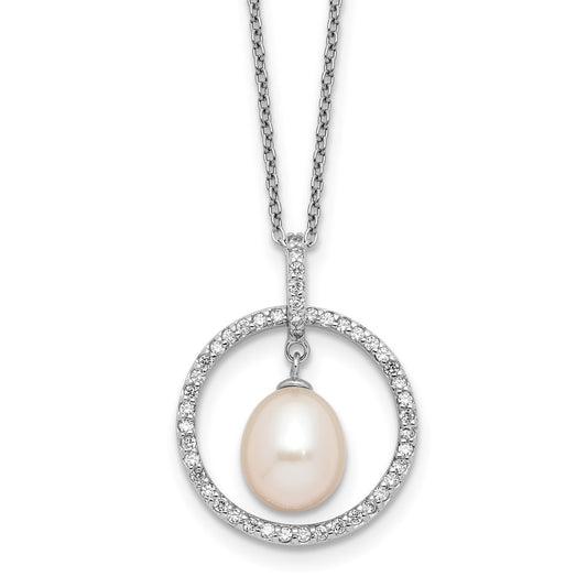 Sterling Silver RH-plated 8-9mm Teardrop FWC Pearl/CZ Circle 17in Necklace