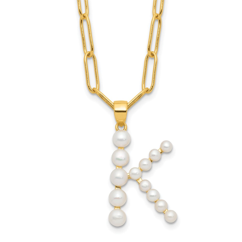 Sterling Silver Gold-plated 3-5.5mm FWC Pearl LETTER K 18in Necklace