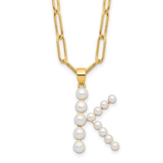 Sterling Silver Gold-plated 3-5.5mm FWC Pearl LETTER K 18in Necklace