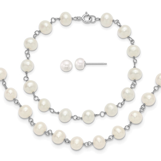 Sterling Silver Rh-plated White FWC Pearl Necklace/Bracelet/Earring Set