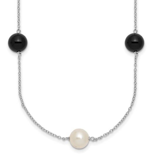 Sterling Silver Rhodium-plated FWC and Onyx 7 Station 18in Necklace