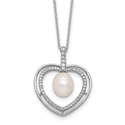Sterling Silver Rhod 8-9mm FWC Pearl and CZ Heart 17in Necklace