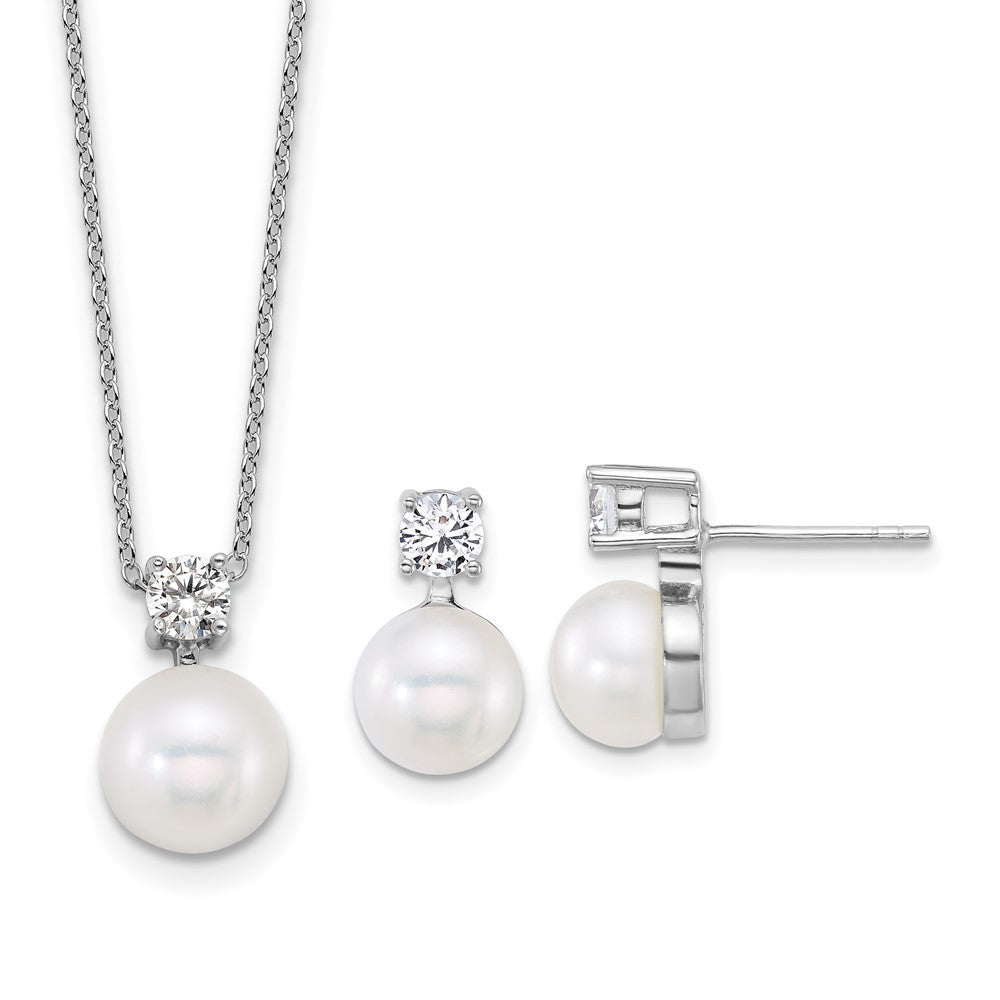 Sterling Silver Rh-plated FWC Pearl and CZ 17in Necklace/Earring Set
