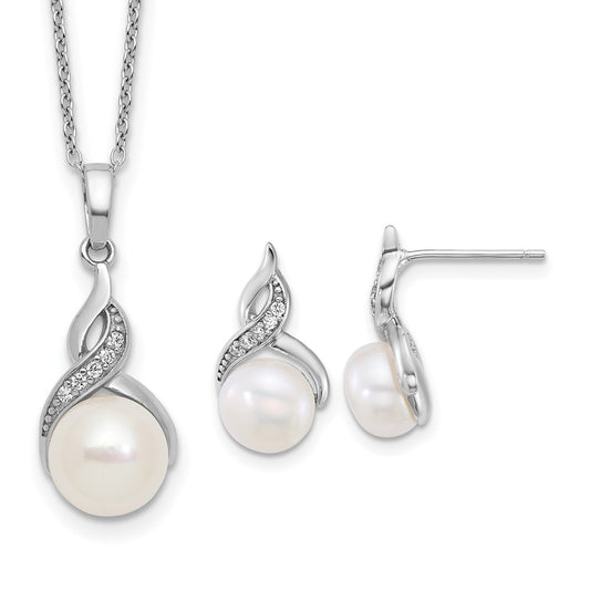 Sterling Silver Rh-plated FWC Pearl and CZ 17in Necklace/Earring Set
