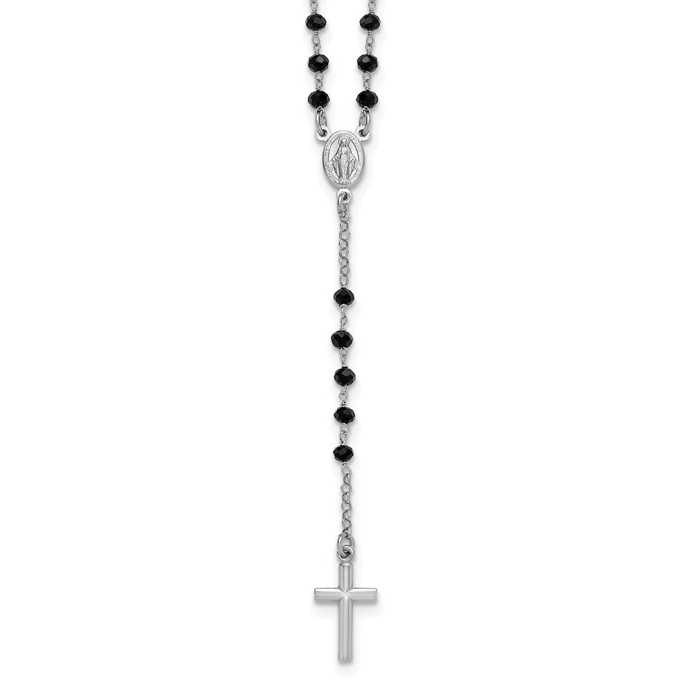 Sterling Silver RH-plated Black Crystal 18.5in with 1in ext. Rosary Necklac