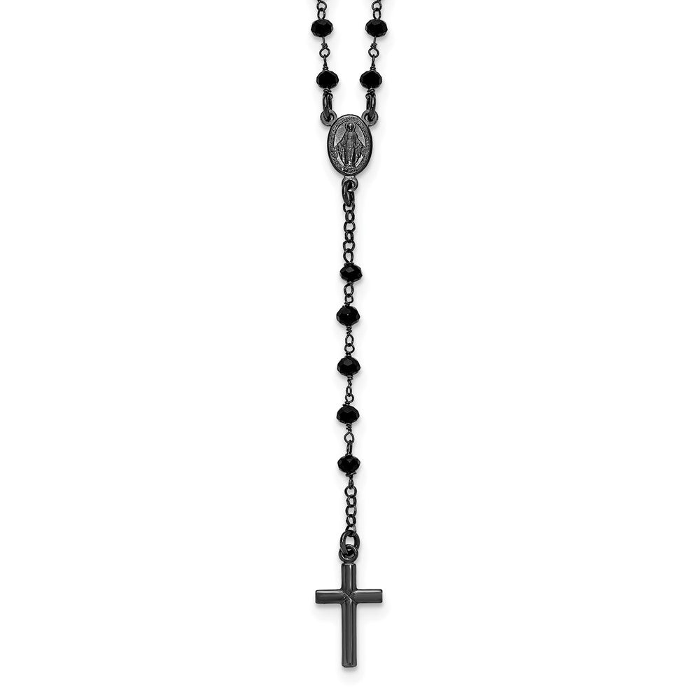 Sterling Silver Black Rh-plated Crystal 18.5in w/ .5in ext. Rosary Necklace