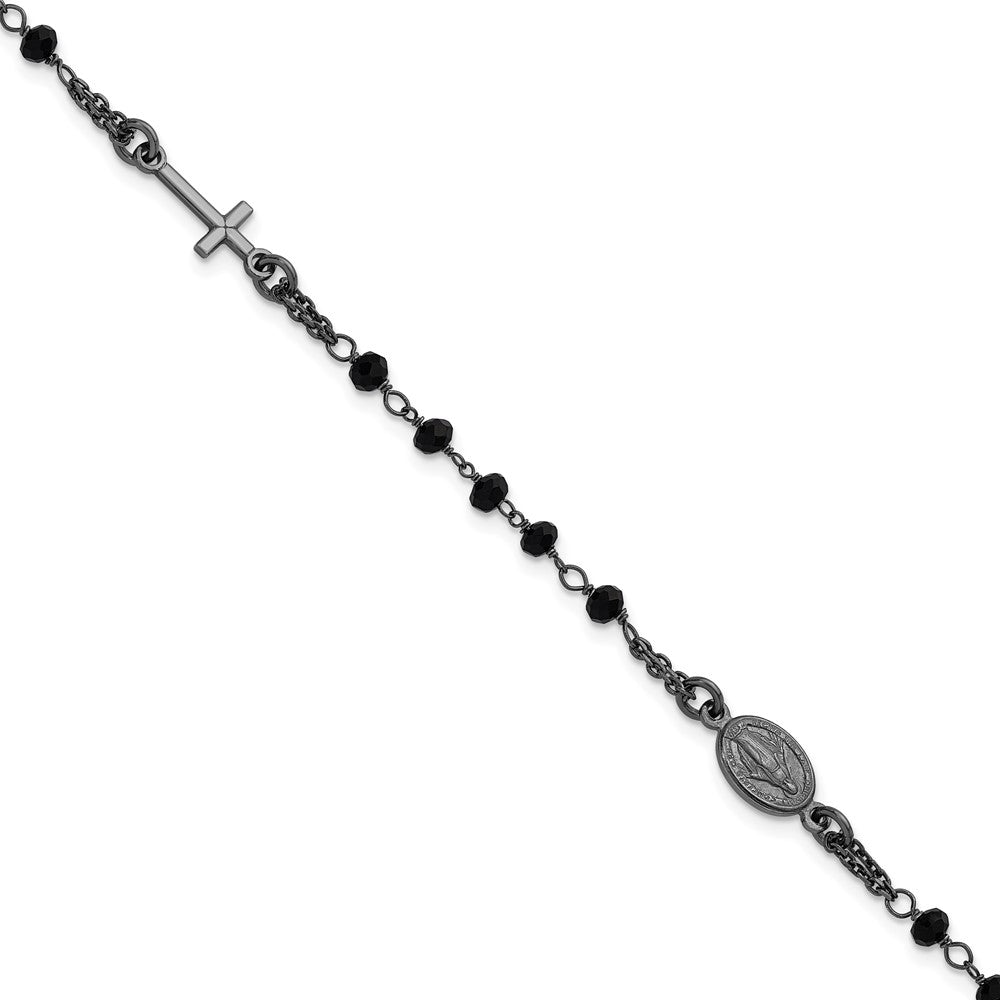 Sterling Silver Black Rh-plat Crystal 7in w/.75in ext. Rosary Bracelet