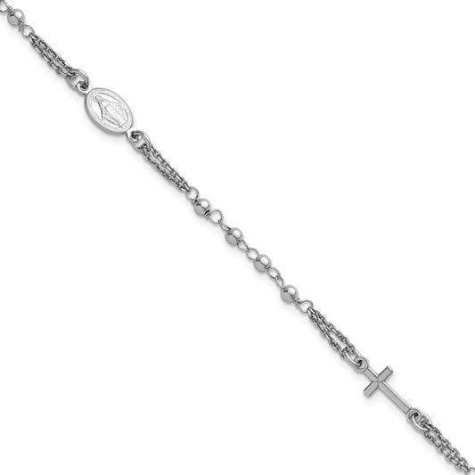 Sterling Silver Rh-plated 7.25in w/.5in ext. Rosary Themed Bracelet