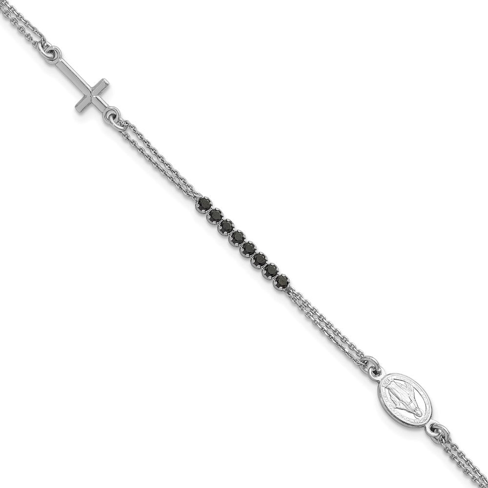 Sterling Silver RH-plat Polished Blk CZ w/1.25in ext. Religious Bracelet
