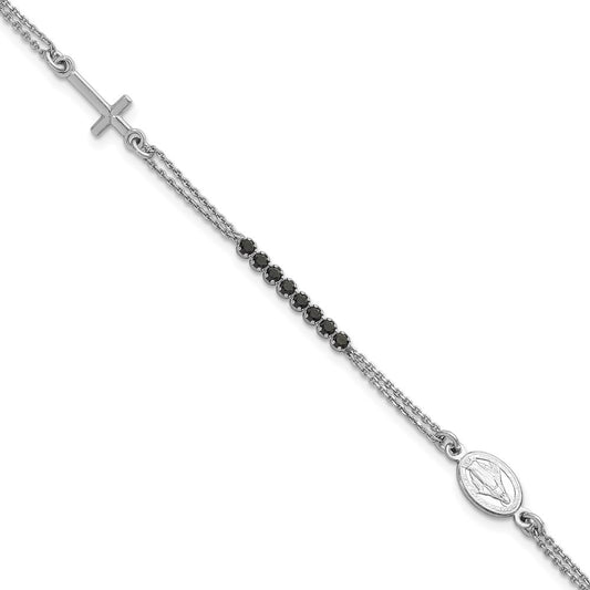 Sterling Silver RH-plat Polished Blk CZ w/1.25in ext. Religious Bracelet