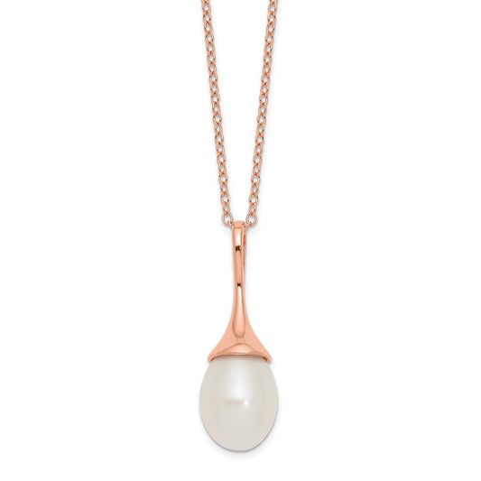 Sterling Silver Rose-tone 11x8mm White FWC Pearl Necklace