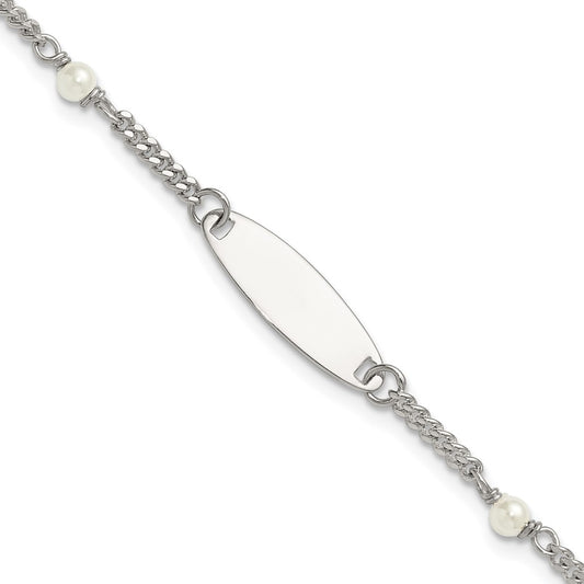 SS Polished Curb Link and Acrylic Pearl 5in w/1in Ext Childrens ID Bracelet