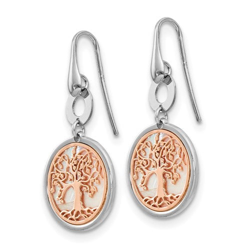 Leslie's Sterling Silver and Rose-tone MOP Tree of Life Dangle Earrings