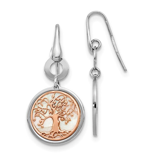 Leslie's Sterling Silver and Rose-tone MOP Tree of Life Dangle Earrings