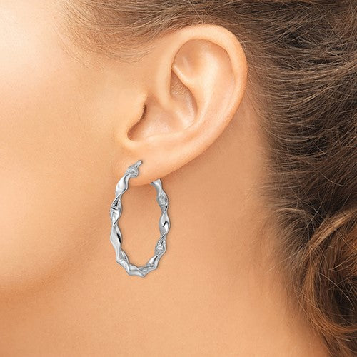 Leslie's Sterling Silver Rhod-plated Textured Twisted Hoop Earrings