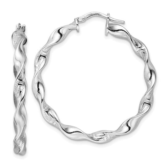 Leslie's Sterling Silver Rhod-plated Textured Twisted Hoop Earrings