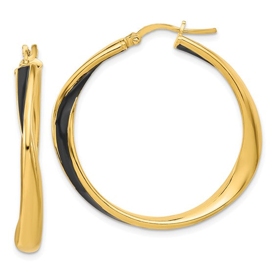 Leslie's Sterling Silver Gold-tone with Black Enamel Hoop Earrings