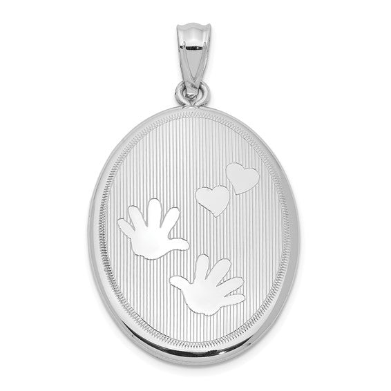 Sterling Silver Rhodium-plated Polished Hands and Hearts Oval Open Locket