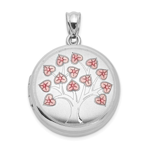 Sterling Silver Rhodium-plated Satin/Polished Pink Enamel Tree Round Locket