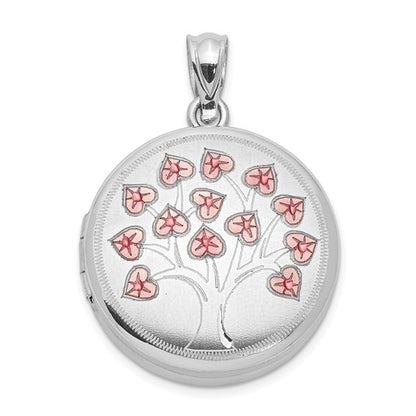 Sterling Silver Rhodium-plated Satin/Polished Pink Enamel Tree Round Locket