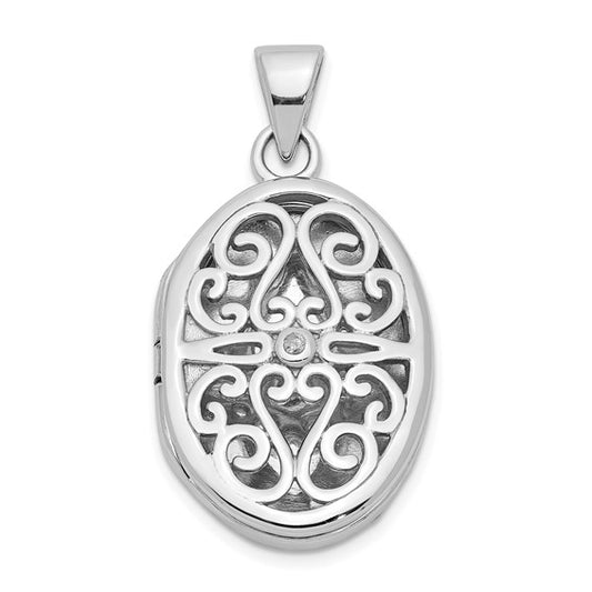 Sterling Silver Rhodium-plated Diamond Accent Filigree Oval 22mm Locket