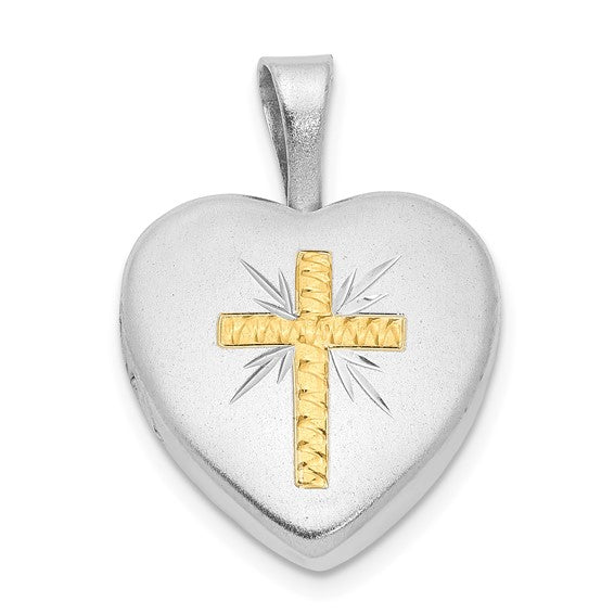 Sterling Silver Rhodium-plated and Gold Tone Satin and D/C Cross Heart Locket