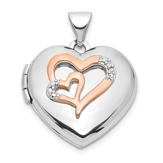 Sterling Silver Rhodium-plated Diamond Rose Rhodium Hearts 18mm Locket