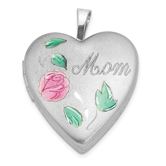 Sterling Silver Rhodium-plated Enameled Flower with Mom 20mm Heart Locket