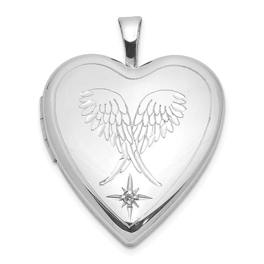 Sterling Silver Rhodium-plated Diamond Wings 20mm Heart Locket