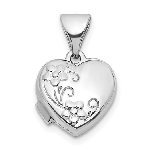 Sterling Silver Rhodium-plated Floral 10mm Heart Locket