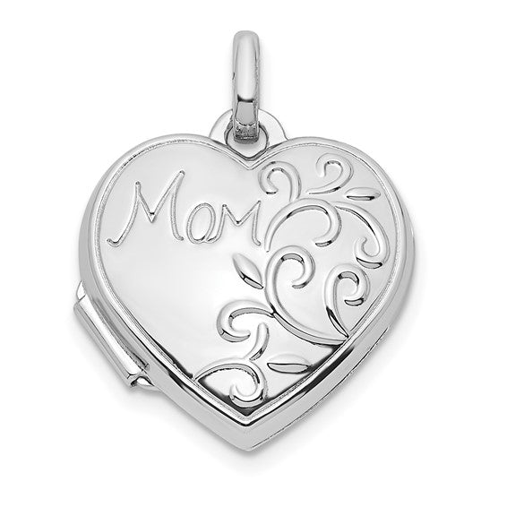Sterling Silver Rhodium-plated Mom 15mm Heart Locket