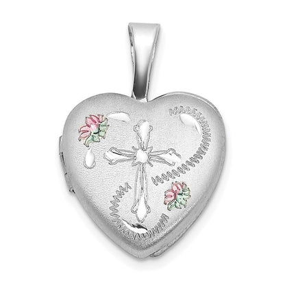 Sterling Silver Rhodium-plated D/C Enameled Floral Cross 12mm Heart Locket