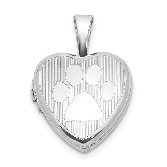 Sterling Silver Rhod-plated Textured Paw Print 12mm Heart Locket