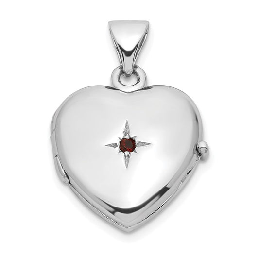 Sterling Silver Rhodium-plated Garnet 15mm Heart Locket