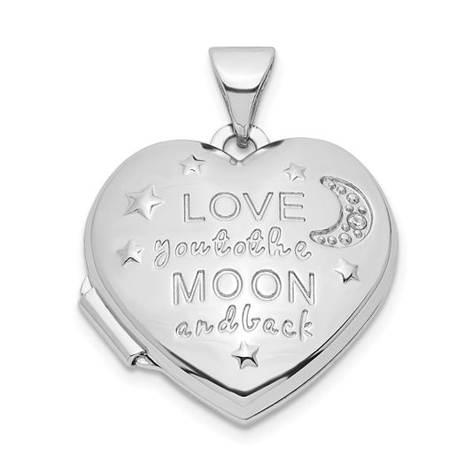 Sterling Silver Rhodium-plated CZ Love Moon and Back 18mm Heart Locket