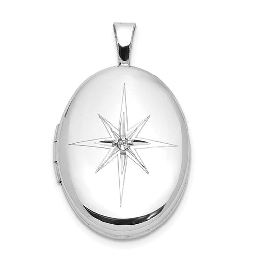 Sterling Silver Rhodium-plated Diamond Starburst 19x15mm Oval Locket