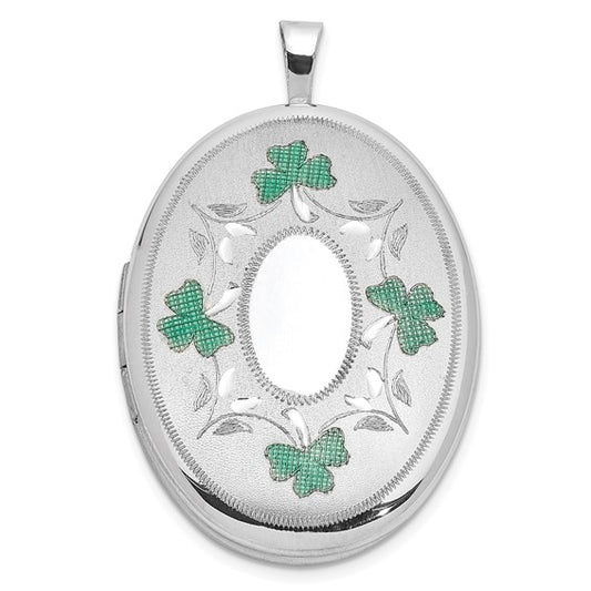 Sterling Silver RH-plated Satin Enamel Shamrock Border 26x20mm Oval Locket